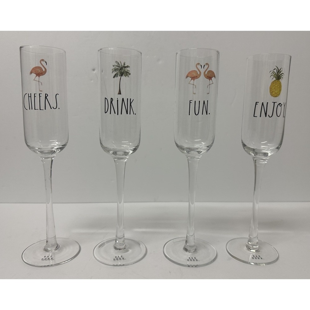 Rae Dunn Champagne Glasses Enjoy Fun Drink Cheers Set 4 Tropical Beach 6 oz/10"